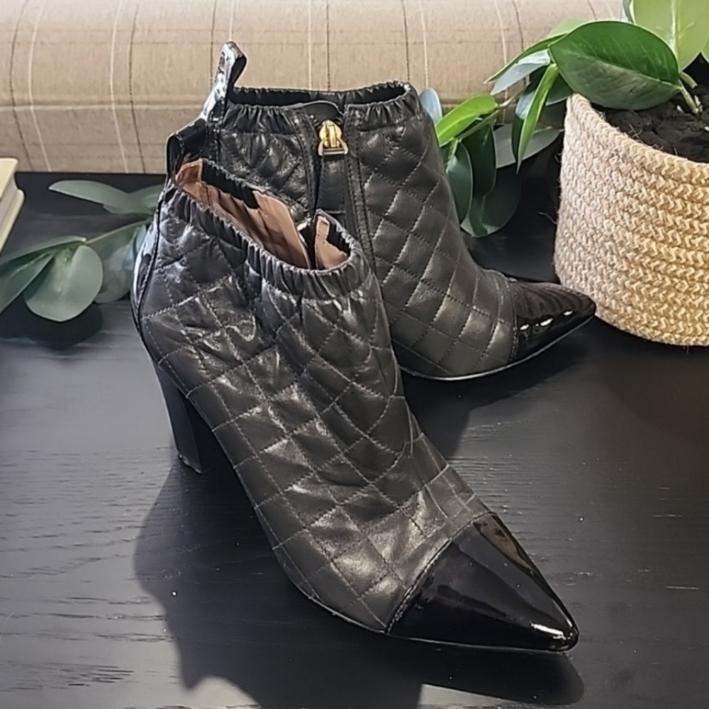 REISS Quilted Black Leather Ankle Boots 37 6.5 Booties Patent Captoe LUXURY - Picture 17 of 17